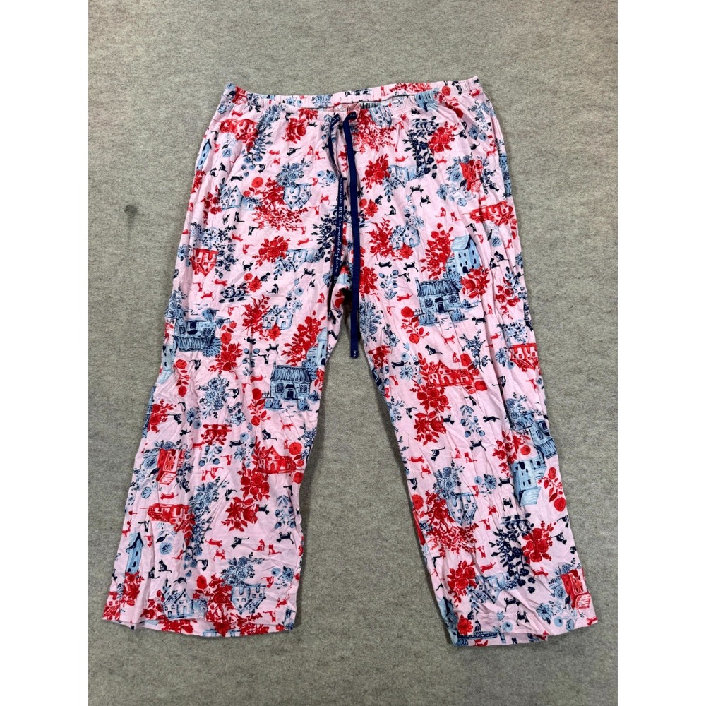 HUE Pajama Pants Womens L Pink Floral Whimsical Print Cotton Wide Leg Drawstring